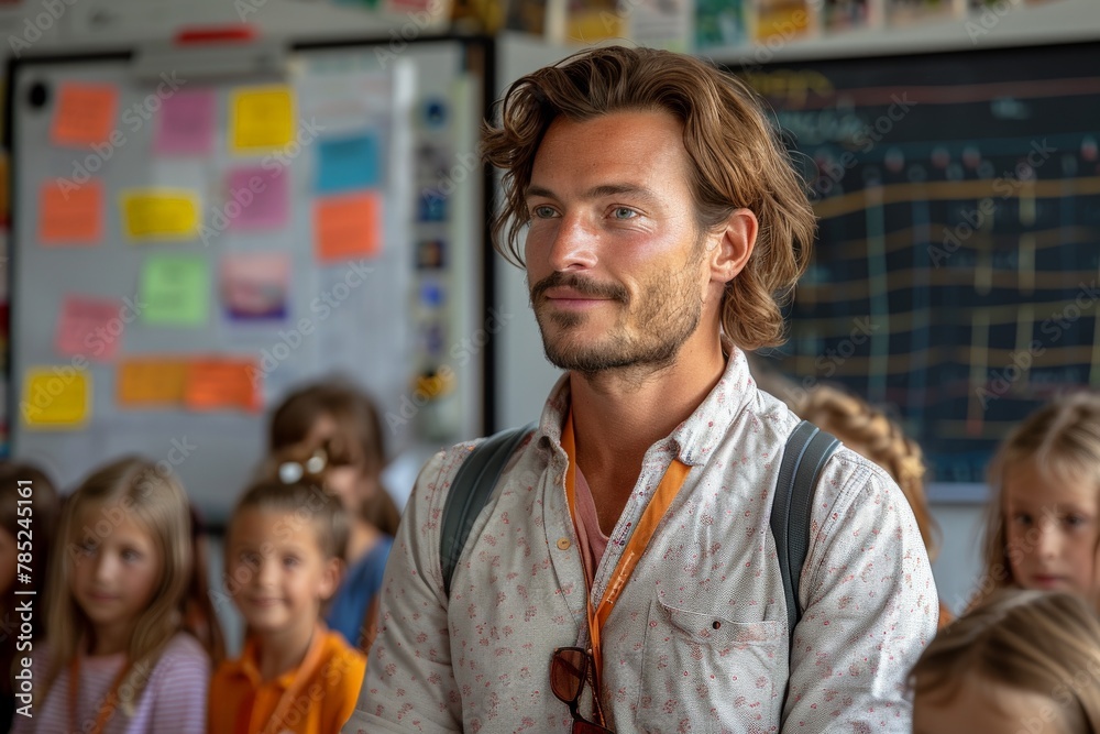 Fototapeta premium Engaged male teacher with a classroom of attentive students behind him