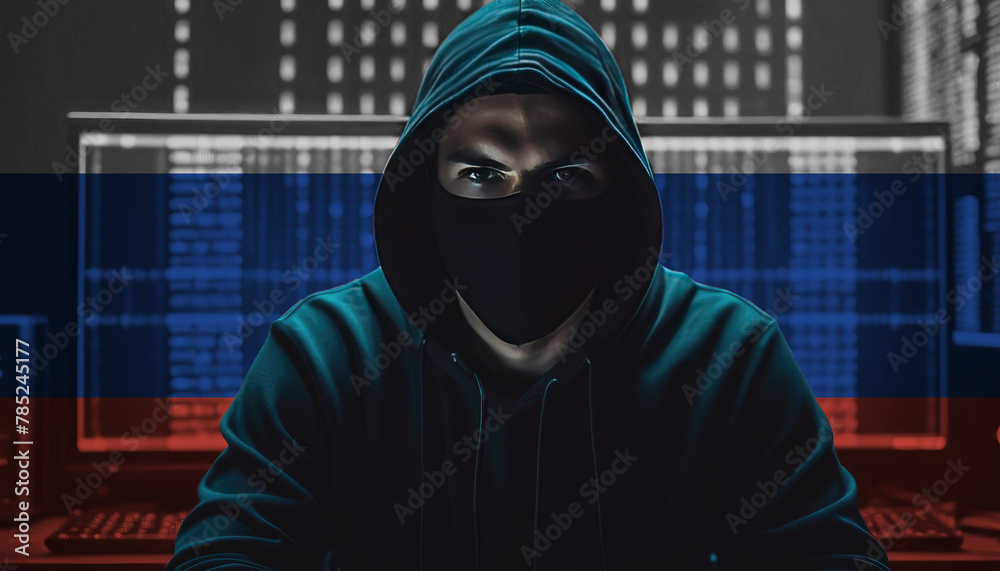 Hacker in a dark hoodie sitting in front of a monitors with Russia flag and background cyber security concept