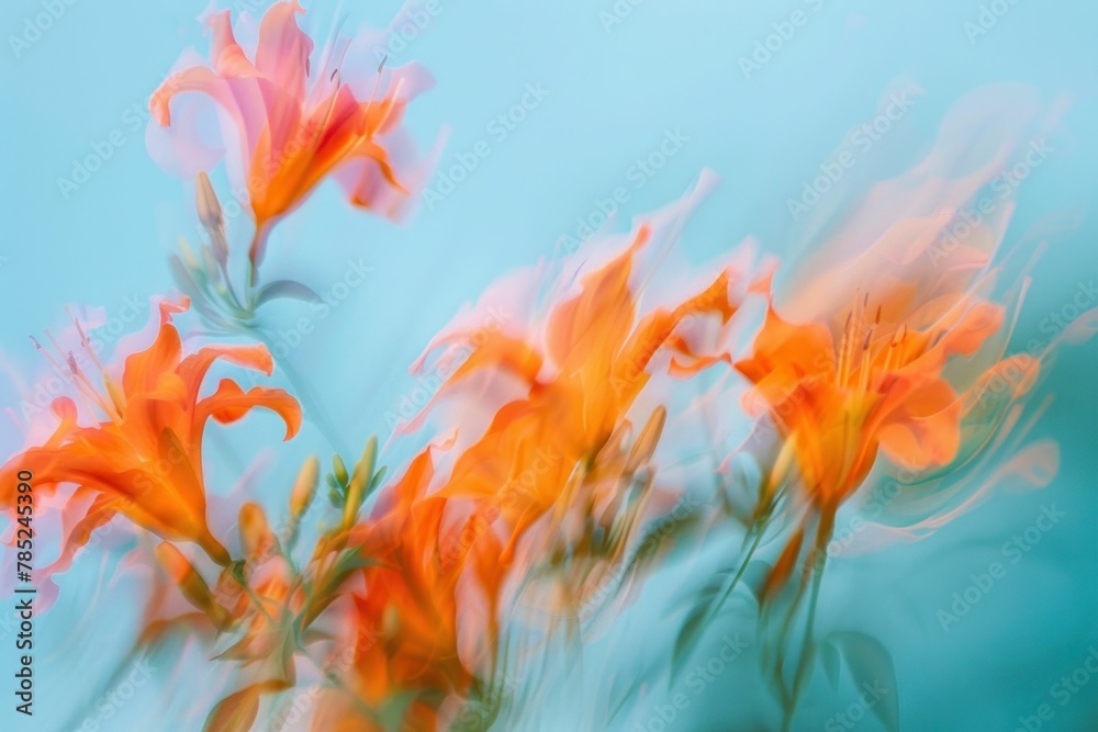 Abstract Orange Flowers Blossoming Against a Vivid Blue Sky with Soft Petal Blur in the Background Abstract Orange Flowers Blossoming Against a Vivid Blue Sky with Soft Petal Blur in the Background