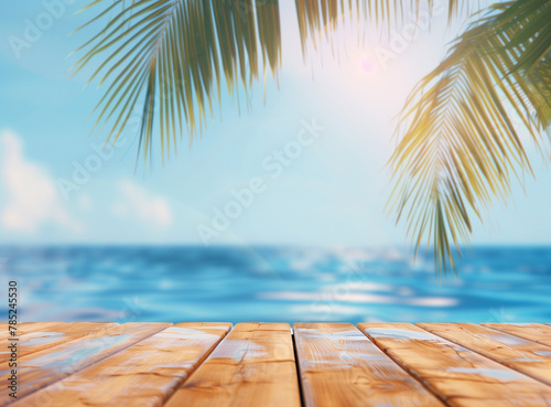 Empty wooden planks/table with blur beach and sea background, product placement