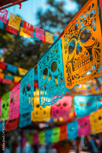 Vibrant papel picado banners add a colorful and lively touch to Day of the Dead celebrations, creating a festive and welcoming atmosphere. © ChubbyCat