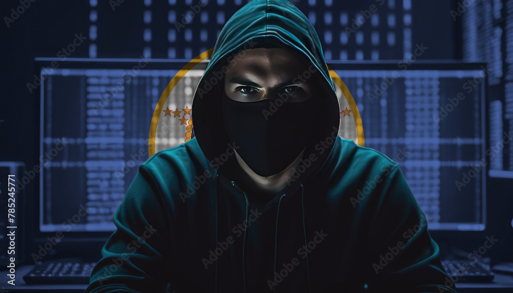 Hacker in a dark hoodie sitting in front of a monitors with Minnesota flag and background cyber security concept Hacker in a dark hoodie sitting in front of a monitors with Minnesota flag and background cyber security concept