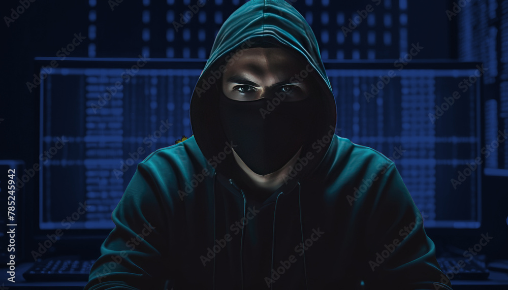 Hacker in a dark hoodie sitting in front of a monitors with Vermont flag and background cyber security concept Hacker in a dark hoodie sitting in front of a monitors with Vermont flag and background cyber security concept
