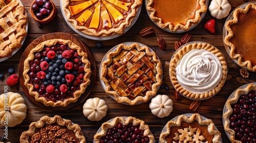 Assorted Fresh Homemade Pies on Rustic Wooden Table