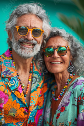 Elderly couple in colorful outfits and gray hair smiling against turquoise background exuding joy and positivity