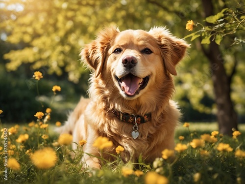 Golden-furred dog with joyful expression sitting amidst field of vibrant yellow flowers under soft glow of sunlight filtering through leaves; canines mouth open in what pant, smile. photo