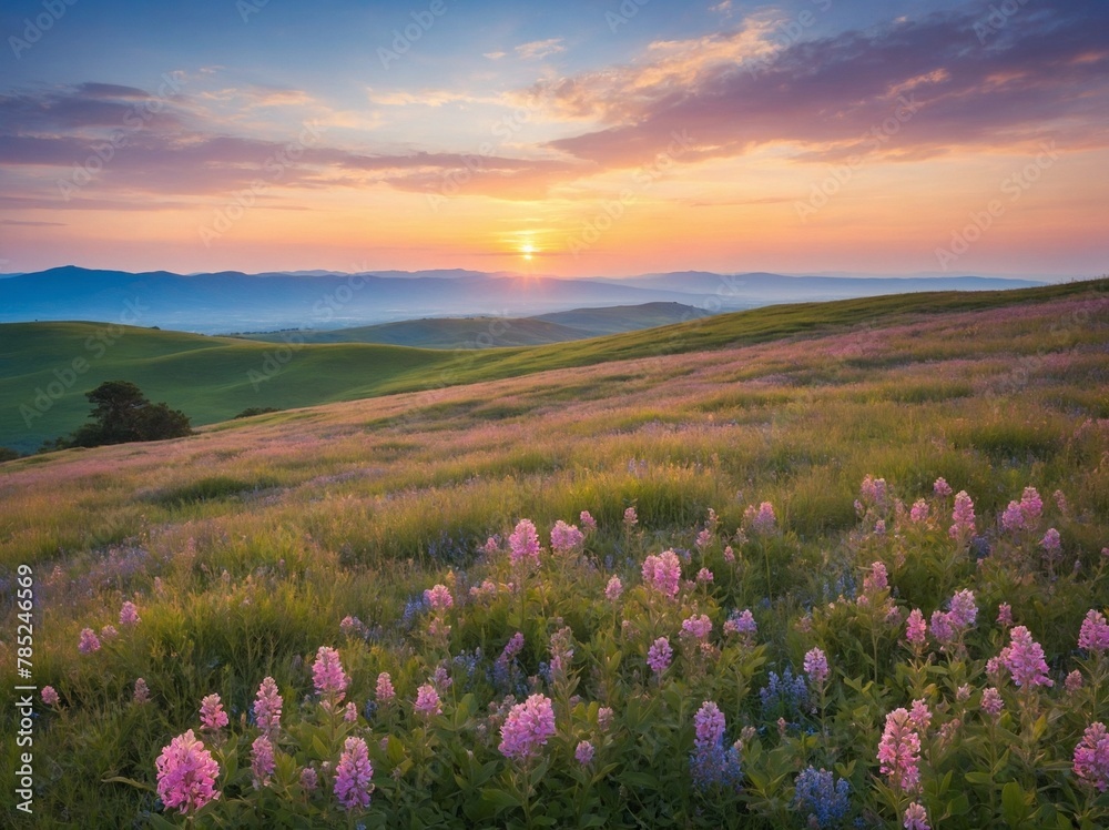 Serene sunset bathes rolling landscape in warm light, casting tranquil glow over undulating hills that stretch into distance. Foreground dotted with vibrant pink, purple wildflowers.