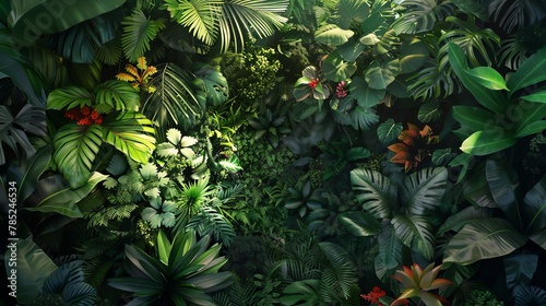 Capture an aerial view of a lush, vibrant jungle filled with exotic flora and fauna Utilize a photorealistic digital rendering technique to convey the scene from a dynamic perspective, showcasing unex photo