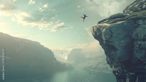 Capture the adrenaline rush of a base jumper leaping off a cliff, with the mind-bending perspective of a dream Utilize digital rendering techniques to blend reality and surrealism photo