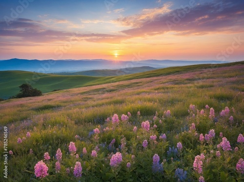 Serene sunset bathes rolling landscape in warm light, casting tranquil glow over undulating hills that stretch into distance. Foreground dotted with vibrant pink, purple wildflowers.