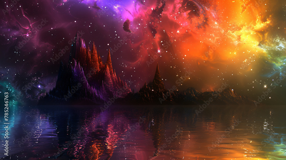 Abstract fantasy landscape in multi colors with stars.