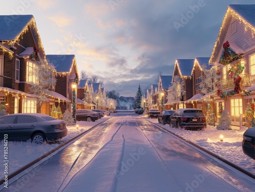 A snowy street with houses on either side and a Christmas tree in the middle