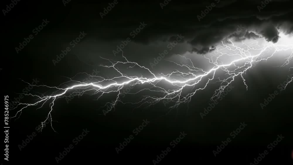 Lighting bolt striking at night sky background. Terrible lightning in a storm. Bad weather. Electrical spark discharge in atmosphere during thunderstorm. Bright flash of light and accompanying thunder