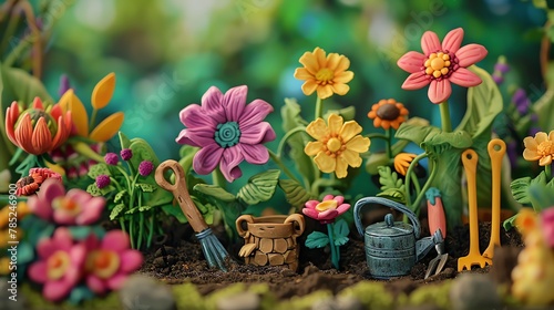 Capture the essence of Gardening Tips in a whimsical clay sculpture medium Include a wide-angle view of a lush garden scene with vibrant, detailed flowers and tools