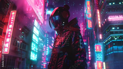 Capture the intricate details of futuristic cyberpunk attire with a low-angle view, blending neon colors in a chaotic, yet harmonious manner Explore a digital rendering technique to bring out the edgy photo
