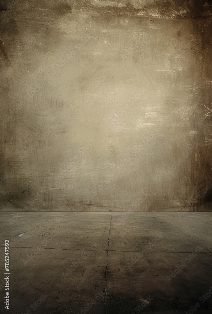 A spotlight shines on a wooden floor in an empty room with a grunge background.