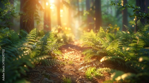 Sunlit forest pathway, dappled light, close-up of ferns, eye-level view, golden hour glow