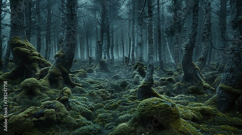 Dense forest, moss-covered trees, close-up, ground-level angle, mysterious twilight ambiance photo