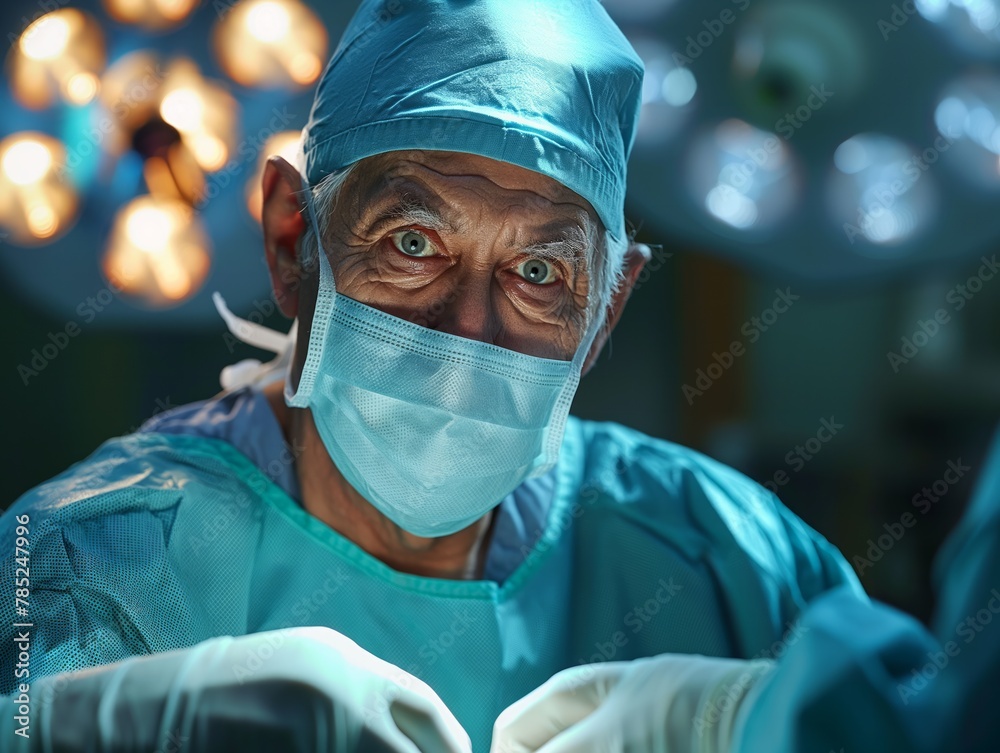 A man in a blue surgical outfit is looking at the camera. He is wearing a mask and gloves