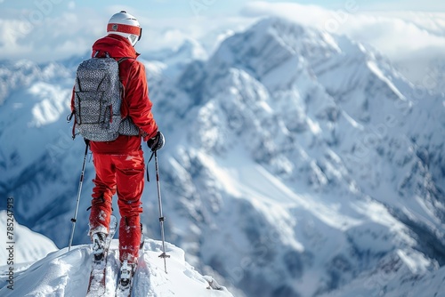 A skier draped in red winter gear contemplating the vastness and beauty of mountainous snowy terrain