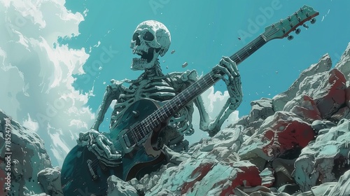A skeleton playing the guitar on the rocks with clouds in the background © Fay Melronna 