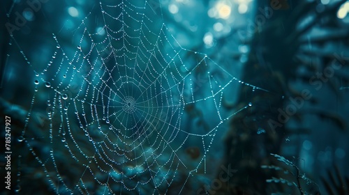 Enchanted forest background, ethereal mist, close-up of spider web, eye-level shot, twilight magic 