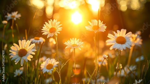 Wildflower meadow before dense forest, close-up on daisies, eye-level view, golden sunset light 
