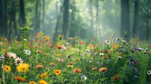 Lush forest edge, vibrant wildflowers in foreground, close-up, low angle, early morning light © Thanthara