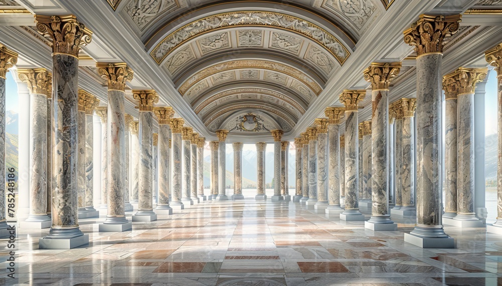 A long hallway with marble columns and a coffered ceiling.