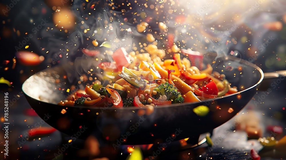 Craft a mesmerizing digital rendering featuring a low-angle view of a vibrant, sizzling stir-fry in progress, showcasing an innovative twist on classic culinary arts Craft a mesmerizing digital rendering featuring a low-angle view of a vibrant, sizzling stir-fry in progress, showcasing an innovative twist on classic culinary arts