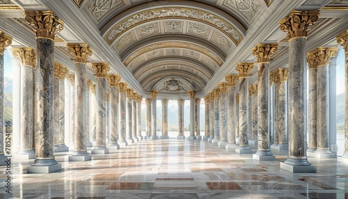 A long hallway with marble columns and a coffered ceiling. photo