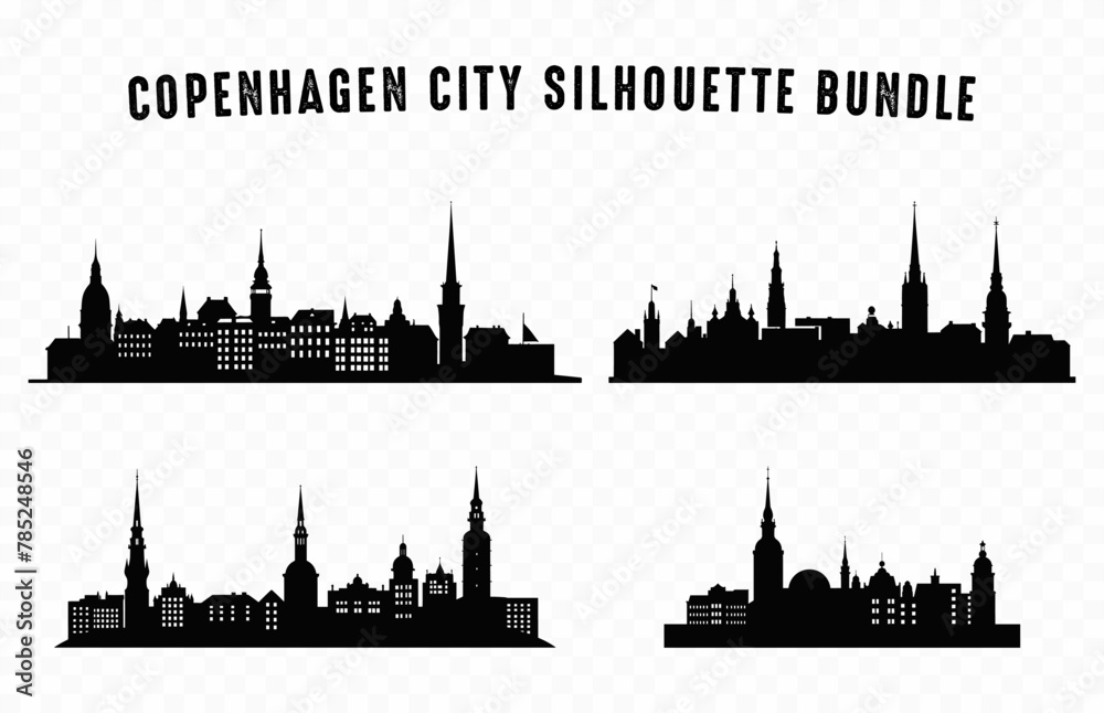 Copenhagen City Silhouettes Vector Set, City buildings Silhouette isolated on a white background