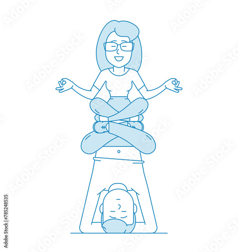 A man and woman meditates. Calmness and relaxation, relaxation. Stress relief. Illustration in line art style. Vector