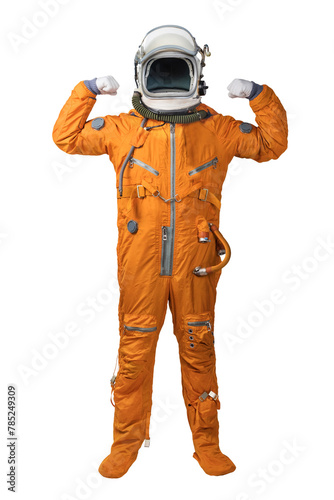 Astronaut wearing orange spacesuit and helmet showing biceps gesture isolated on white background. Empty helmet for your copy. Astronaut Father Day concept isolated on white background