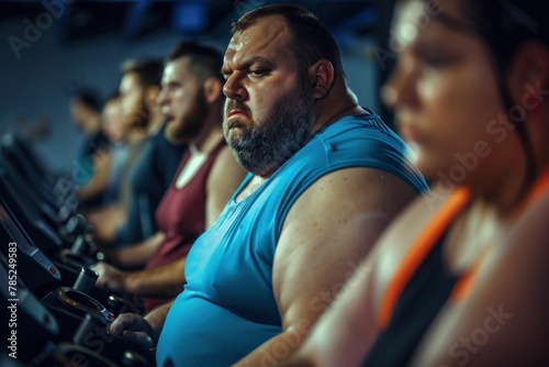 Diverse group of people exercising in a gym, with overweight man in the center of the group