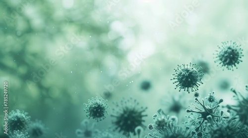 3D illustration of green-tinted virus particles floating in a microscopic, cellular environment.