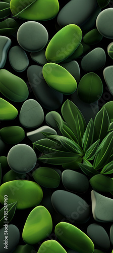 Green background. Leaves, stones.