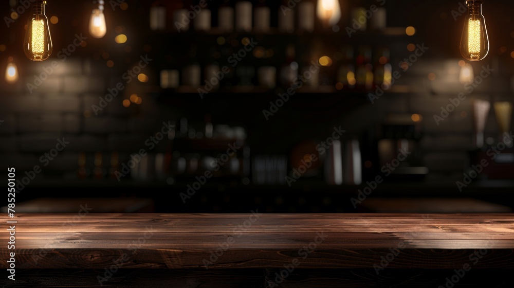 Close-up of a wooden bar counter lit by warm, decorative Edison bulbs, creating a cozy atmosphere.