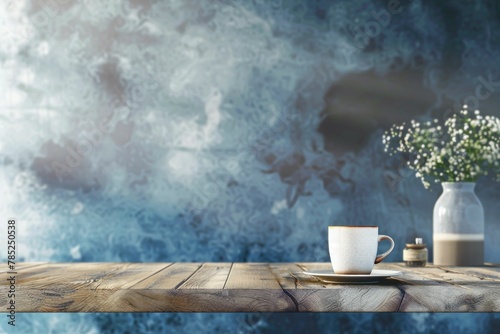 Coffee cup and vase on wooden table with blue wall background in modern 3D ing