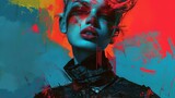 Infuse a punk-rock aesthetic into a dystopian fashion scene using color theory elements of contrast and saturation Experiment with mixed media techniques to create a dynamic composition from a low-ang