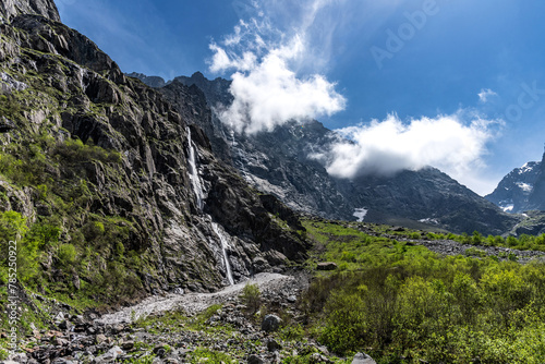 Beautiful panoramic view of Midagrabin waterfalls in summer, North Ossetia, Russia.