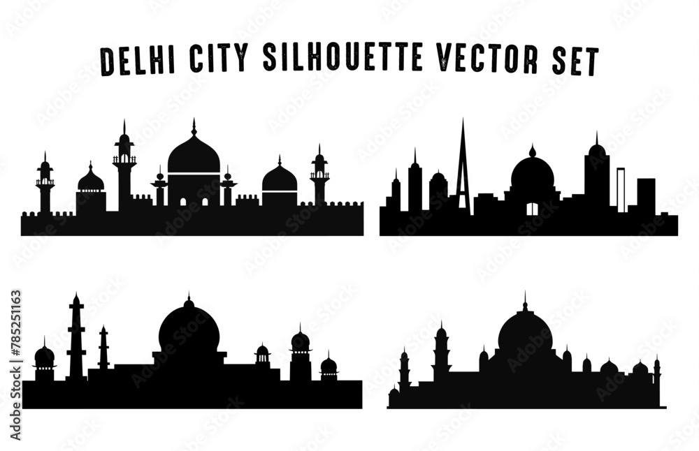 Delhi City Skyline Silhouette Vector Set, City Silhouettes isolated on a white background