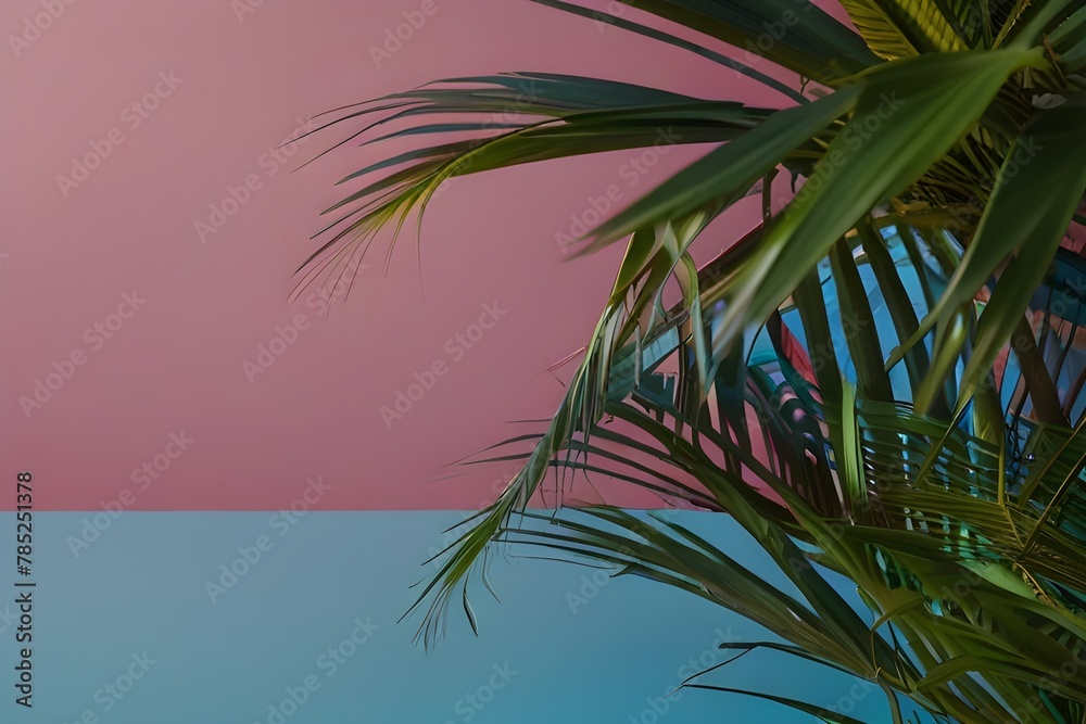 Leaves of palm tree isolated on a double pink blue background Generative AI