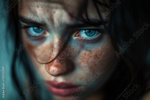 Intense girl with striking blue eyes portrait