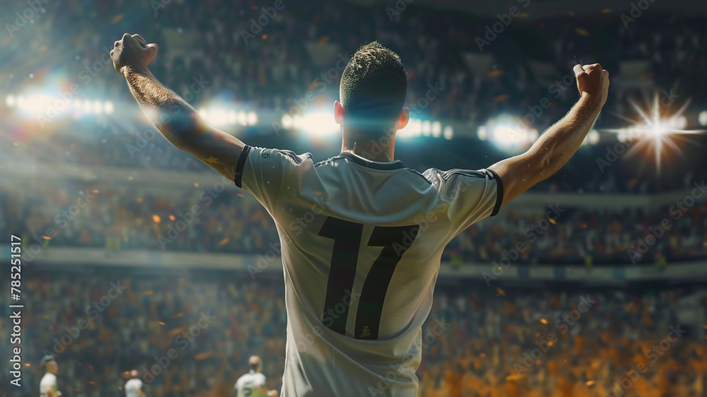 Fototapeta premium back view of a soccer player celebrating his goal on the stadium