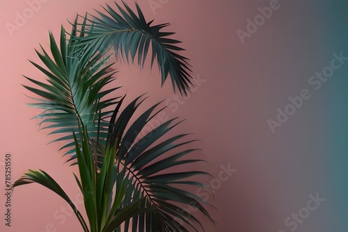 Leaves of palm tree isolated on a double pink blue background Generative AI