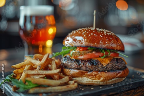 Gourmet truffle burger with fries and craft beer on wooden table photo