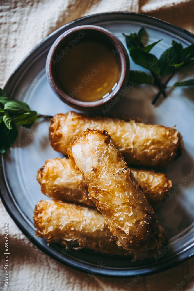 Nems au poulet accompagné de sauce piquante et feuilles de salade et menthe fraiche