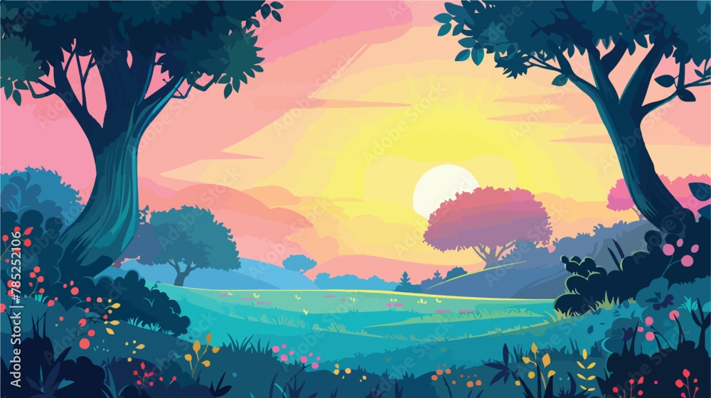 Sun forest scene. Cartoon sunrise landscape with tree