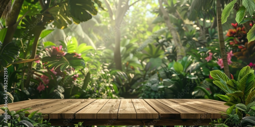 A wooden platform in a lush jungle with a view of the trees and plants A wooden platform in a lush jungle with a view of the trees and plants